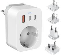 France/UK Travel Adapter,International Plug Adapter with 3 USB,2 Type C PD 20W,4 Detachable Adapters for USA,Europe,England,Thailand,Japan,China