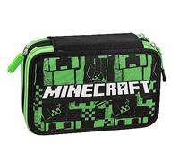 Franco Cosimo Panini Minecraft - Trousse à 3 Compartiments pour Fille et Enfant avec Papeterie Scolaire intégrée et Compartiments Porte-Stylo + Stylo effaçable - Grande Trousse Scolaire, Vert - 20 x
