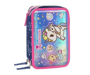 Franco Cosimo Panini Tokidoki Trousse d'école Officielle Tokidoki Trousse à 3 Compartiments pour Fille avec kit de Papeterie, Stylo effaçable Bleu et Rouge et étiquettes Autocollantes, Pratiques