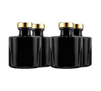 Frandy House Lot de 4 flacons diffuseurs ronds en verre noir avec bouchons en liège doré - 7,5 cm de haut, 100 ml - Accessoires de parfum à utiliser pour les ensembles de diffuseurs de rechange à