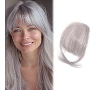 Frange à Clip pour Femme 9, 8 Naturel Clip sur Frange Argent Gris Air Cheveux avec Filet Invisible Respirant Bouclé Coupable Cheveux Lavables