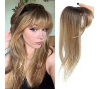 Frange à clipser - Couverture à 360° - Fausse frange - Pour femme - Synthétique - Avec frange longue couche - Pour un usage quotidien - Brun ombré blond