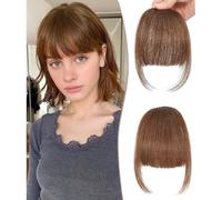 Frange à clipser - Frange à clipser - 100 % cheveux humains - Pour femme - Frange à air comprimé avec tempes - Frange incurvée (brun moyen, frange soignée)