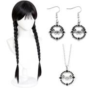 Frange Longue Tresses Perruque, Mercredi Perruque Tressée Noire deLong pour Femmes, Mercredi Cosplay Perruque, Perruque Tresse Noire pour Les décorations de fête de Cosplay