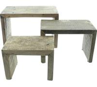 FRANK FLECHTWAREN Banc décoratif Rustikal, lot de 3, bancs en bois massif, recyclé, brun foncé, look usé tendance, nœuds en plastique protégeant les meubles
