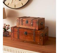 FRANK FLECHTWAREN, Lot de 2 coffres de chasse au trésor, bois, métal, poignées latérales, cuir synthétique. Dimensions : 30 x 18 x 11 cm, 40 x 24 x 16 cm