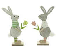 FRANK FLECHTWAREN Lot de 2 lapins et fleurs en feutre, coton, MDF, fausse fourrure. Dimensions : hauteur 24 cm