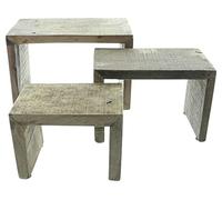 FRANK FLECHTWAREN Lot de 3 bancs décoratifs rustiques en bois massif recyclé, marron foncé, aspect usé tendance, picots en plastique respectueux des meubles
