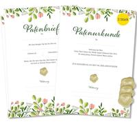 Frank Paperman® Lot de 3 certificats de marraine + lettre pour parrain et marraine avec sceau, motif floral moderne, certificat de baptême, cadeau pour marraine, parrain, baptême libre