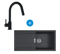 Franke - S2D Evier à encastrer 100×50cm 1 bac avec égouttoir, Tectonite, Onyx + Mitigeur avec douchette extractible, Noir mat