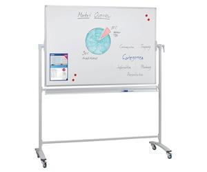 FRANKEN STC205 Tableau blanc mobile, double face, laqué, magnétique, inscriptible, effaçable à sec, avec support et roulettes, cadre en métal et cadre pivotant, 220 x 120 cm