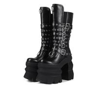Frankie Hsu Bottes à talons hauts à plateforme gothique, noir, boucle foncée, punk, gothique, Y2K, chaussures à mollet larges pour femmes et hommes, noir, 38.5 EU