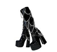 Frankie Hsu Bottes à talons hauts gothiques sexy à grosses plateformes, noir verni argent, multi-chaînes à rivets et boucle gothique, punk Y2K Hot Girl grande taille large mollet large pour homme et