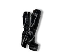 Frankie Hsu Bottes gothiques sexy à talons hauts à plateforme épaisse, rivets noirs avec chaîne argentée vernie, gothique, punk, y2k, fille chaude, grande taille, mollet large, chaussures longues pour