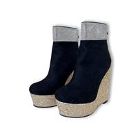Frankie Hsu Bottines compensées faites à la main, daim noir, doré, paillettes, strass, talons hauts, grande taille, US5-19, chaussures unisexes pour femmes et hommes, noir, 50 EU