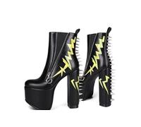 Frankie Hsu Bottines gothiques à talons hauts à plateforme épaisse, rivets noirs et foncés, étoile éclair, punk, gothique, Y2K, chaussures pour femmes et hommes, noir, 41 EU