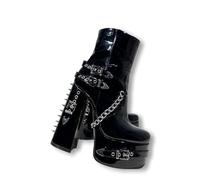 Frankie Hsu Bottines gothiques à talons hauts à plateforme pour femme, noir verni avec chaîne argentée et rivets punk Y2K Hot Girl Gothique, grande taille pour homme et femme, noir, 41 EU