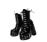Frankie Hsu Bottines gothiques à talons hauts faites à la main avec lacets noirs et boucle argentée vernie, style punk, gothique, Y2K, pour fille, grande taille, chaussures pour femmes et hommes,