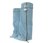 Frankie Hsu Fashion Designer Moderne Sexy Femmes Hommes Shark Boot Grande Taille Vert Cuir Synthétique Wedge Talons Hauts Genou Talons Hauts Veau Long Pantalon Bottes US4-14, bleu ciel, 39 EU