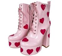 Frankie Hsu Lolita Bottines gothiques roses vernies rouges en forme de cœur Bottines à talons hauts épais tendance rétro classique grande taille bottes pour homme et femme, rose, 50 EU