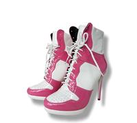 Frankie Hsu Stiletto Bottines de basket-ball à talons hauts, bottines décontractées à talons blancs, roses vernies, bottines à talons de grande taille, bottes courtes à lacets pour homme et femme,