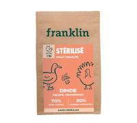 FRANKLIN - Croquettes Chat Stérilisé - Adulte - Gamme Carnivore - 70% de Dinde et de Canard - Riche en Protéines - Croquettes sans Céréales - Anti-Boule De Poil - Fermeture Intégrée - Taille 9mm - 1kg