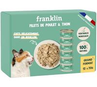 FRANKLIN - Nourriture Humide pour Chat - Filet Poulet et Thon - Lot 12 x70g | 75% Poulet et Thon - Cuit au Bouillon - 100% Naturel - Texture Appétente - Riche en Protéines - Faible en Calories