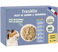 FRANKLIN - Nourriture Humide pour Chat - Filet Sardine et Maquereau cuit au Bouillon - 100% Naturel, sans Additifs - Texture Savoureuse - Riche en Protéines - Faible en Calories - Lot 12 x 70g
