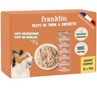 FRANKLIN - Nourriture Humide pour Chat - Filet Thon et Crevette cuit au Bouillon - 100% Naturel, sans Additifs - Texture Savoureuse - Riche en Protéines - Faible en Calories - Lot 12 x 70g