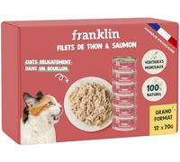 FRANKLIN - Nourriture Humide pour Chat - Filet Thon et Saumon cuit au Bouillon - 100% Naturel, sans Additifs - Texture Savoureuse - Riche en Protéines - Faible en Calories - Lot 12 x 70g