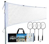 Franklin Sports ensemble de Filet de Badminton - 4 Raquettes en Aluminium, 2 Volants, Filet Réglable et Piquets - ensemble de Badminton pour le Jardin ou la Plage - Installation Facile - Professionnel