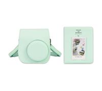 Frankmate Étui pour appareil photo compatible avec Fujifilm Instax Mini 12 11 9 8, en cuir synthétique, avec 64 poches, album photo et bandoulière réglable, vert menthe, Poches pour appareil photo