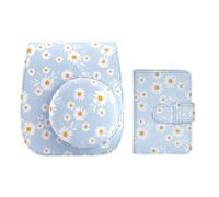 Frankmate Étui pour appareil photo instantané compatible avec Fujifilm Instax Mini 12/11/9/8/8+, en cuir PU, avec 28 poches, album photo et bandoulière réglable, Marguerite bleue, Étui pour appareil