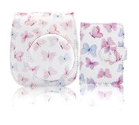 Frankmate Étui pour appareil photo instantané compatible avec Fujifilm Instax Mini 12/11/9/8/8+, en cuir PU, avec 28 poches, album photo et bandoulière réglable, Papillon bleu et rose, Étui pour