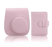 Frankmate Étui pour appareil photo instantané compatible avec Fujifilm Instax Mini 12/11/9/8/8+, en cuir PU, avec 28 poches, album photo et bandoulière réglable, rose fleur, Étui pour appareil photo
