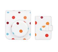 Frankmate Étui pour appareil photo instantané compatible avec Fujifilm Instax Mini 12/11/9/8/8+, en cuir PU, avec 28 poches, album photo et bandoulière réglable, Pois, Étui pour appareil photo