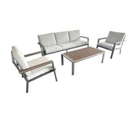 FRANKYSTAR Ikigai Ensemble de salon de jardin pour extérieur avec canapé 3 places 2 fauteuils et table basse avec coussins rembourrés en aluminium et bois Plywood