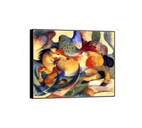Franz Marc Tableau. Cheval sauteur. Abstrait Impression sur Toile. Moderne Cadre Noir Affiche Mural Décoration Salon Chambre Maison 72x60cm