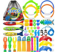 Frasheng 43 PCS Jouets de Plongée,Jouet de Natation pour Piscine,Jeux Piscine Enfant Jouet sous Eau été avec Anneaux de Plongée,Torpedo Bandits,Bâtons de Plongée,Jouet sous Eau été Jeux pour Enfant