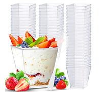 Frasheng 60 Pièces 2oz/60 ml Tasses Mini Coupes Gobelets à Dessert avec 60 Cuillères Plastique,Verrines Réutilisables Transparents Carrés pour Mousse,Pudding,Crème Glacée