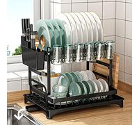 Frasheng INOX Egoutoire Vaisselle Cuisine Noir à 2 Niveaux avec Plateau d'égouttement,Séchoir à Vaisselle, avec Vidange Automatique