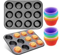 Frasheng Lot de 2 moules à muffins en acier carbone antiadhésif & Paquet de 24 Moules de Cuisson Réutilisables en Silicone, Anti-adhésif, taille standard, passe au lave-vaisselle,Mini Muffins Cupcakes