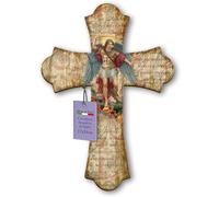 Fratelli Bonella Crucifix mural en bois vintage représentant l’Archange Michel, 17 x 24 cm, fabriqué en Italie