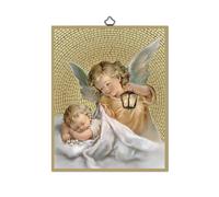 Fratelli Bonella Tableau sacré représentant l'ange avec lanterne sur bois MDF de peuplier 8 mm avec mosaïque en feuille dorée, format 18 x 24 cm, fabriqué en Italie