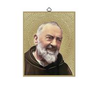 Fratelli Bonella | Tableau Sacro représentant San Pio sur bois MDF de peuplier 8 mm avec mosaïque en feuille dorée format 18 x 24 cm | Fabriqué en Italie