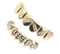 FRCOLOR 2 Pièces Set de Dents Hip-hop Plaquées Or avec Pierres Décoratives Accessoires Déguisement Halloween Faux Grills Confortables pour Femmes et Hommes Style Rapper