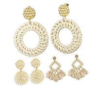 FRCOLOR 3 paires Boucles Doreilles Rotin Tressé Boho Pendantes Légères pour Femmes Style avec Carrées et Rondes Accessoires Fantaisie pour Festivals et Tenues Décontractées