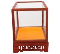 FRCOLOR Boîte de Présentation en Verre Transparent 12x12x17 Cm Socle en Bois Massif Rouge, Vitrine Étanche la Poussière pour Objets de Collection, Porte-Objets et Coffret de Rangement