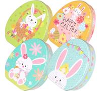FRCOLOR Boîtes à Dragées en Fer-blanc 4 Pièces Motif Lapin, Boîtes à Biscuits Décoratives de Pâques, Coffrets Présents Colorés Jaunes et Verts, Étuis Portables pour Bonbons et Goûters
