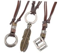 FRCOLOR Collier Double Cercle Cuir Rétro Pour Femme Et Homme, Pendentif Feuilles Et Anneaux, Cordon Cuir Marron, Ensemble 3 Pièces, Style Casual Élégant